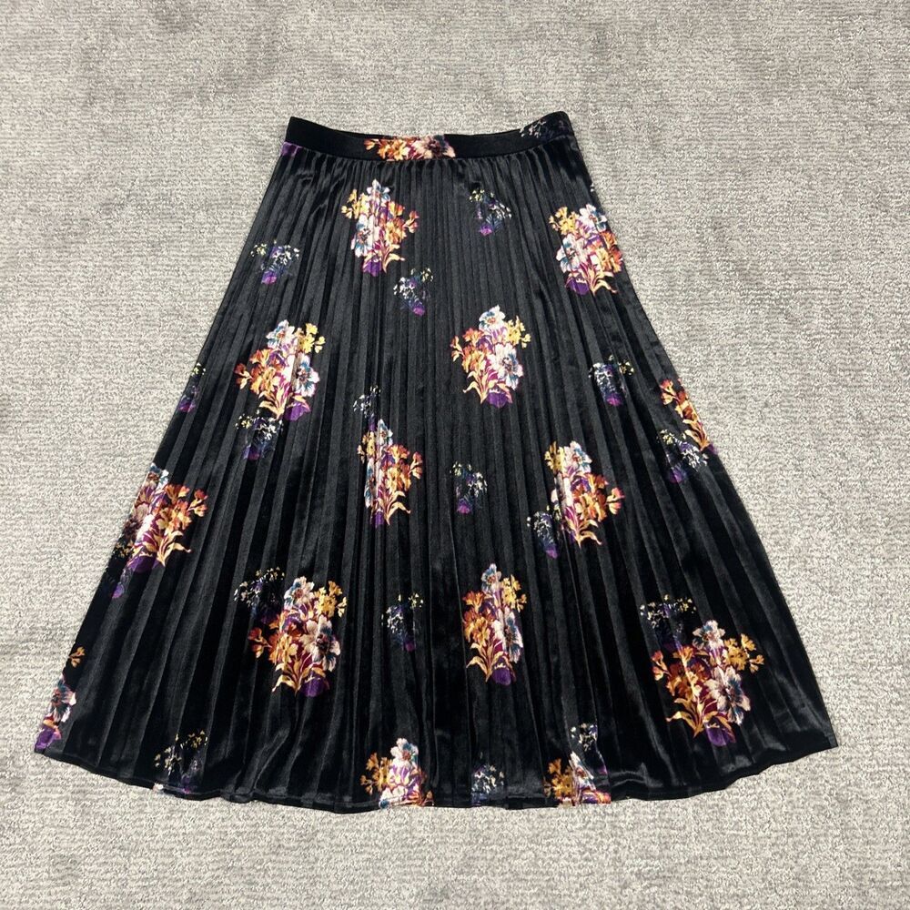 Maeve Skirt Womens Small Black Floral Pleated Midi Velvet Dark Romantic Whimsy